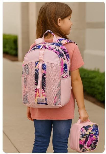 FUEL Lunch Backpack Set Teens Student Water Resistant Bookbag Bag Soft Reusable Insulated Cooler Lunch Box Thermal Travel Office Lunch Bag, Tropical Palm Trees - color: Rose Sand Pink/Tropical Palm Print