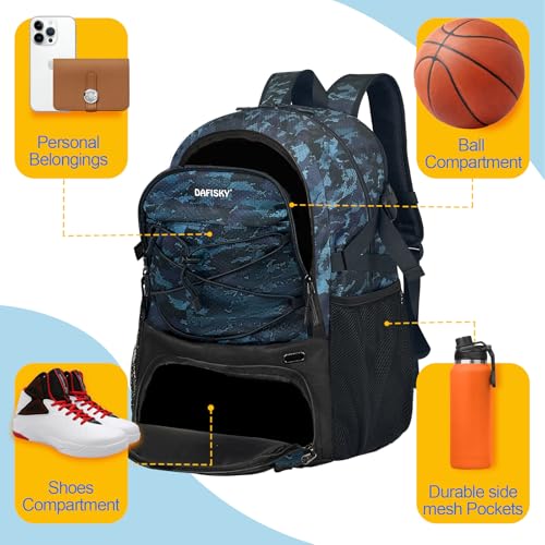 DAFISKY Basketball Backpack Sports Bag | Basketball Bag with Shoe Compartment and Ball Holder, 30L Large gym bag for boys girls - color: CamoBlue
