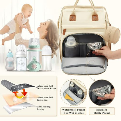DERJUNSTAR Large Diaper Bag Backpack | Insulated Bottle Holders, USB Charging Port, Travel Design, For Mom & Dad - color: Beige/Khaki