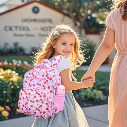 RHCPFOVR Kids Backpack for Girls - Girls Backpack 3-8 Ages Cherry for Kids 15 Inch School Bookbag for Kindergarten Elementary School Bookbag for Girl 1st 2nd Grade - style: Pink Cherry