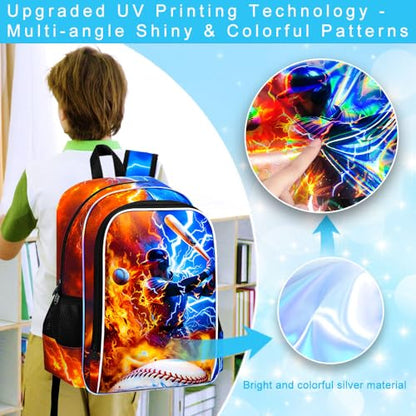 AGSDON 3PCS Boys Backpack for Boys, 17" Kids Bookbag with Lunch Box for Boy, Baseball Flame Thunder Backpacks Water Resistant and Lightweight for Teen - color: Baseball 01