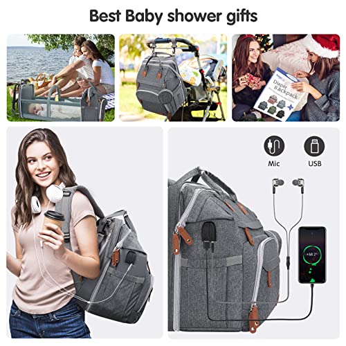 DERJUNSTAR Baby Diaper Bag Backpack with Changing Station Large Capacity Baby Bag for Boys & Girls, USB Charging Port, Pacifier Case, Sunshade & Toy Bar, Waterproof - color: Pale Grey