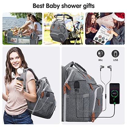 DERJUNSTAR Baby Diaper Bag Backpack with Changing Station Large Capacity Baby Bag for Boys & Girls, USB Charging Port, Pacifier Case, Sunshade & Toy Bar, Waterproof - color: Pale Grey