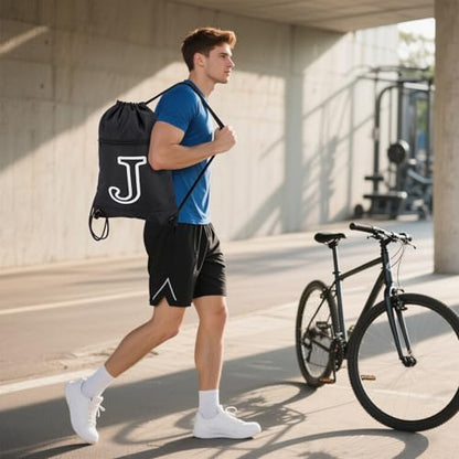 HOLYLUCK Drawstring Bags Initial Backpack Sackpack Cinch Bags for Sports, Gym, Travel, Beach (Black-J) - color: Black-j