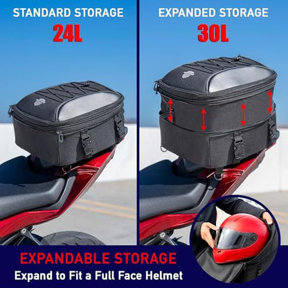 Nomad USA Motorcycle Tail Bag Fits Helmets, 22L-35L Expandable Hard Shell Waterproof Reflective Dual Rear Seat/Rack Bag Converts to Motorbike Backpack/Hand Carry Quick Release Bag w/Rain Cover