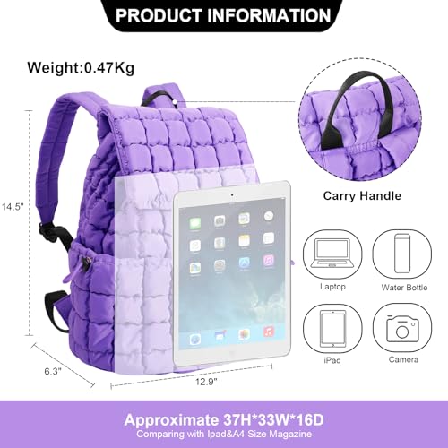 XSUIOY Quilted Backpack Purse for Women Small Lightweight Puffer Puffy College Laptop Backpack Nylon Casual Bookbag Daypack Top Flap Drawstring Padding Hiker Travel Gym Backpack(Purple) - color: Purple