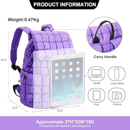 XSUIOY Quilted Backpack Purse for Women Small Lightweight Puffer Puffy College Laptop Backpack Nylon Casual Bookbag Daypack Top Flap Drawstring Padding Hiker Travel Gym Backpack(Purple) - color: Purple