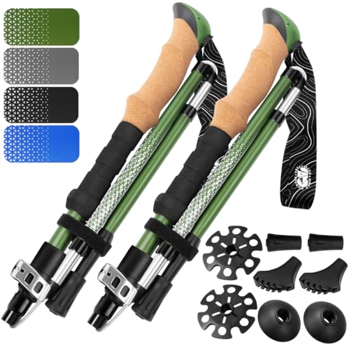 Premium Foldable Hiking Poles by USA Brand - Adjustable, Lightweight Trekking Poles Made of Aircraft Aluminum, Metal Locks Cork EVA Grips - color: Cork - Green, size: 100-120 cm for Height: 5'9" and smaller