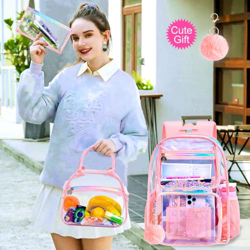 gxtvo 3PCS Clear Backpack, Women’s Sequins Transparent Bookbag Set, Cute Heavy Duty See-Through School Bag for Teens and Elementary Students – Flower Pink Love - color: Flower Pink Love Clear Backpack Set