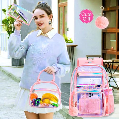 gxtvo 3PCS Clear Backpack, Women’s Sequins Transparent Bookbag Set, Cute Heavy Duty See-Through School Bag for Teens and Elementary Students – Flower Pink Love - color: Flower Pink Love Clear Backpack Set