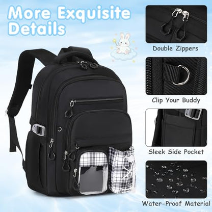 GeeWin Girls Backpack for School with Lunch Box & Pencil Case Set, 17 Inch Stylish Plaid Girls Bookbag with Lots of Pockets for Kids, Teens, Elementary Middle High College School Student (Black) - color: Black