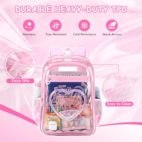 Clear Backpack, Heavy Duty Thick TPU Clear Bookbag, Transparent Bookbag Stadium Events, See Through Large Ergonomic Backpack for School Kids Girls Women Travel Security College Concert, Pink - color: Pink