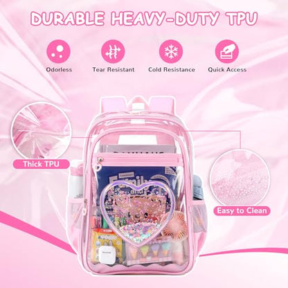 Clear Backpack, Heavy Duty Thick TPU Clear Bookbag, Transparent Bookbag Stadium Events, See Through Large Ergonomic Backpack for School Kids Girls Women Travel Security College Concert, Pink - color: Pink