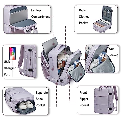 Somago Travel Unisex Backpack Carry On Casual Daypacks Rucksack Backpack Anti Theft for 15.6 Inch Laptop Business with Shoe Compartment Dry Wet Pocket USB Charger Port (Purple) - color: Purple