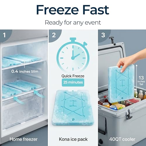 Kona XXL Ice Packs for Coolers – 2 lb Reusable Slim Freezer Packs, Long-Lasting Dry Ice Alternative for Cooler Bags, 13×10 Inch, Fast Freeze (-5 °C), Available in Multiple Pack Quantities