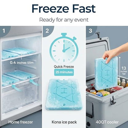 Kona XXL Ice Packs for Coolers – 2 lb Reusable Slim Freezer Packs, Long-Lasting Dry Ice Alternative for Cooler Bags, 13×10 Inch, Fast Freeze (-5 °C), Available in Multiple Pack Quantities