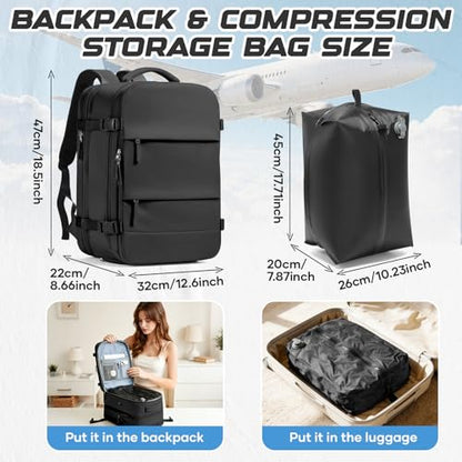 Travel Backpack with Compression Vacuum Storage Bag & Electric Pump, Expandable Flight Approved Carry On Backpack, 18x14x8 inches Personal Item Travel Bag for Men Women, Black - color: Black