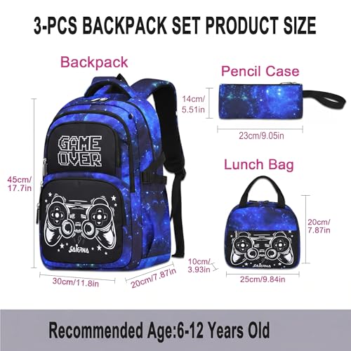3PCS Kids Backpack Set, School Backpack with Lunch Bag & Pencil Case, Lightweight Waterproof Bookbag for Kids (Gamer Starry Blue) - color: Gamer Starry Blue