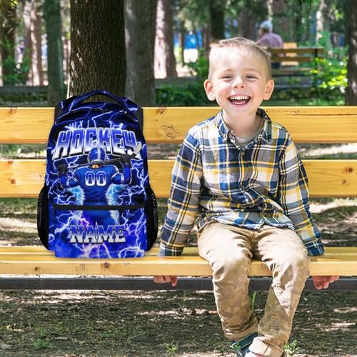 UNIKITTY Hockey Backpack for Boys Personalized Kids School Bag with Name - 17 Inch Custom Sports Ice Hockey Bookbag for Youth Little Boys Elementary Middle School Students - color: Blue