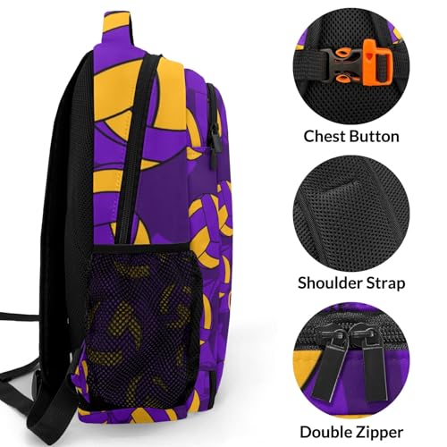 Purple Gold Volleyball Pattern Shoulders Backpack Laptop Bag Bookbags Personalized Casual Daypack for Sports Birthday Holiday Party Gift - color: Purple Gold Volleyball Pattern