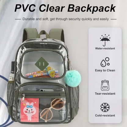 Heavy Duty Clear Backpack for Girls Boys Transparent School Bookbag Kids Durable PVC See Through Backpack-Army Green - color: Army Green
