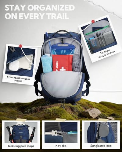 WATERFLY Small Lightweight Hiking Backpack: 20L Outdoor Daypack with Phone Pocket, Hydration Compatible, Breathable Backpanel, Multi-Compartment for Camping Trekking Travel Women Men - color: Blue