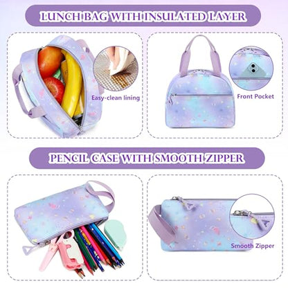 AO ALI VICTORY Backpack for Girls with Lunch Bag Pencil Case Kids School Bags for Kindergarten Elementary Middle Primary Schoolbag Cute 16 inch Laptop Bookbag Students 3 PCS Cute Bookbag, Purple Set - color: Purple Set
