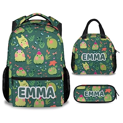 Mercuryelf Personalized Frog Girls Boys Backpack with Lunch Box Set, 3 in 1 School Travel Backpacks Matching Combo, Cute Green Bookbag and Pencil Case Bundle - color: Frog-2-3