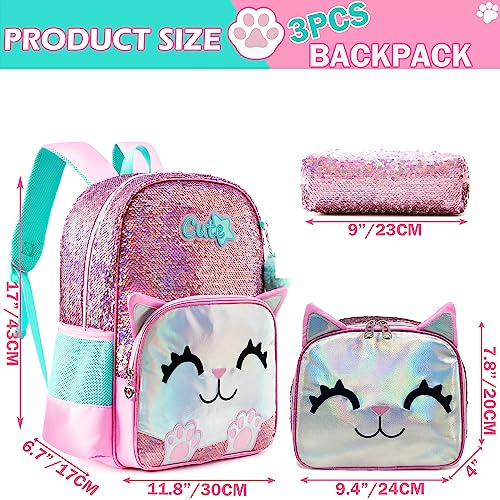 Meetbelify Cute Backpack for Girls Pink Cat School Backpacks Kids Sequin Bookbag for Elementary Kindergarten Students with Lunch Box Pencil Case for Girls 5-12 Years Old - color: Sequin Cat Pink