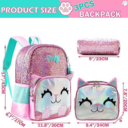 Meetbelify Cute Backpack for Girls Pink Cat School Backpacks Kids Sequin Bookbag for Elementary Kindergarten Students with Lunch Box Pencil Case for Girls 5-12 Years Old - color: Sequin Cat Pink