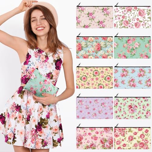 Reginary 20 Pcs Makeup Bags Gifts for Women Canvas Cosmetic Bags with Zipper Bulk Gift for Women Travel Purse Organizer Pouch Accessory, Toiletry Large Capacity, 7 x 4.3 Inch(Pink Flower) - style: Pink Flower