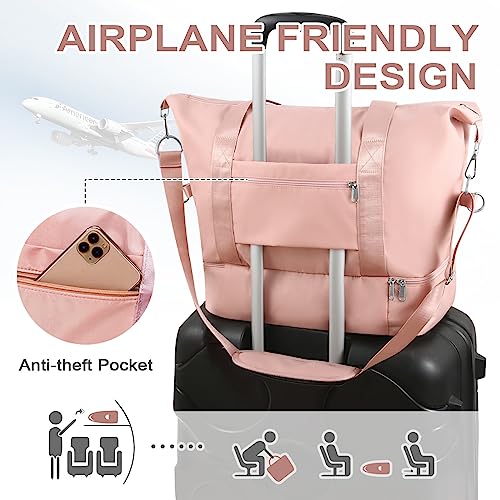 WOOMADA Weekender Bag for Women, Travel Duffel Bags with Shoe Compartment & Wet Pocket, Personal Item Bag for Airlines - color: Pink