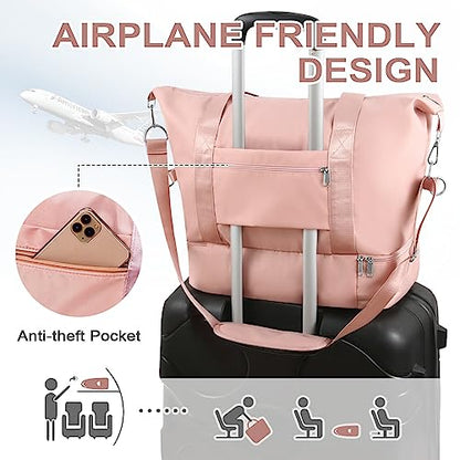 WOOMADA Weekender Bag for Women, Travel Duffel Bags with Shoe Compartment & Wet Pocket, Personal Item Bag for Airlines - color: Pink