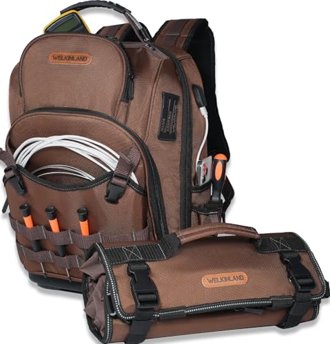 WELKINLAND 70Pockets HVAC Tool Backpack With Tool Roll, 4-Piece Electrical Backpack With Tools Roll Bags, Hard Bottom Electrician Back Pack, Tools Back Pack For Men Heavy Duty