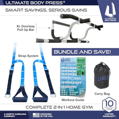 Ultimate Body Press XL Doorway Pull Up bar with Elevated bar & Adjustable Width - color: XL Doorway Pull Up Bar and Strap System
