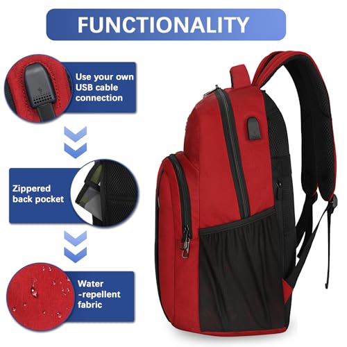 Carry On Travel Laptop Backpack, 17.3 Inch Backpack with USB Charging Port - color: Dark Red, size: 17.3inch