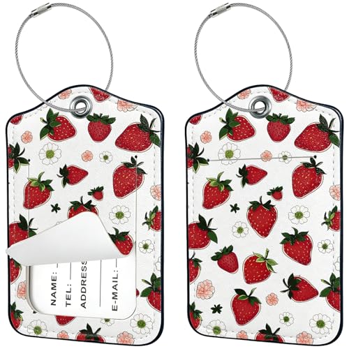 2 PCS Luggage Tags for Suitcases,Cute Strawberry Flowers PU Leather Name Tag with Privacy Cover&ID Label Address Card and Durable Metal Ring Suitable for Men Women Travel Bag - color: Strawberry White Flowers