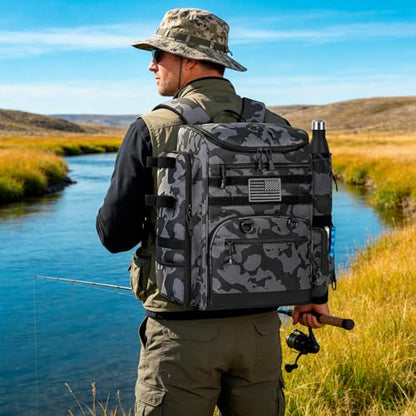 40L Fishing Backpack Water Resistant Fishing Tackle Bag with 2 Rod Holders, Tackle Storage Bag for Anglers（Black camo,Bag Only - color: Black Camo
