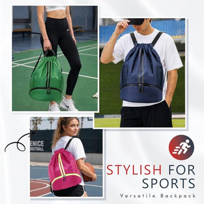 PinCute Drawstring Backpack for Women Men, Gym Bag for Soccer, Basketball, Swim, Beach, Water-Resistant Sports Backpack with Wet Pocket and Shoe Compartment, Navy Blue - color: Navy Blue
