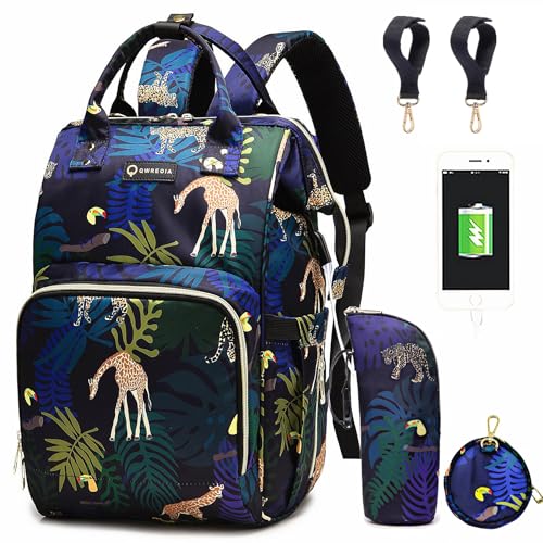 Diaper Bag Backpack, Animal Print Travel Nappy Bag with USB Charging Port Stroller Straps and Insulated Pocket For Women/Mum (Animal Print Pattern) - color: Blue