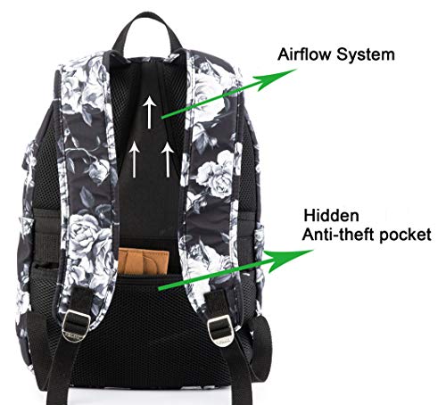 Kinmac White Rose Pattern 15 inch Waterproof Laptop Travel Outdoor Backpack With USB Charging Port For 13 inch 14 inch and 15.6 inch Laptop - color: White Rose