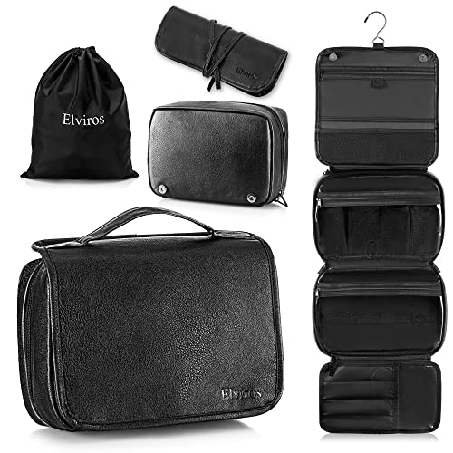 Elviros Hanging Toiletry Bag Removable Travel Bag PU leather Makeup Cosmetic Organizer Kit, Black - color: Black