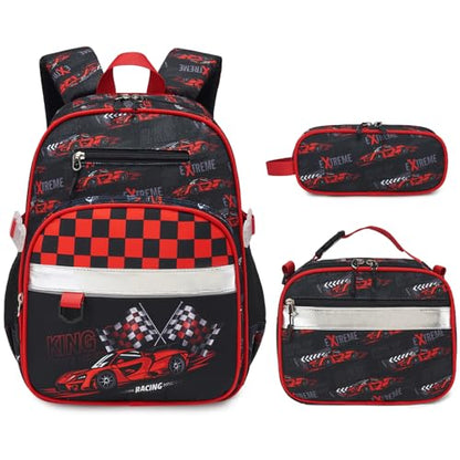 3PCS Boys Backpack Ages 5-8 with Lunch Bag & Pencil Case, Toddler School Backpack for Kids Boys - 15inch Backpack Boy Bookbag for Preschool Kindergarten Elementary School - color: Racing Cars