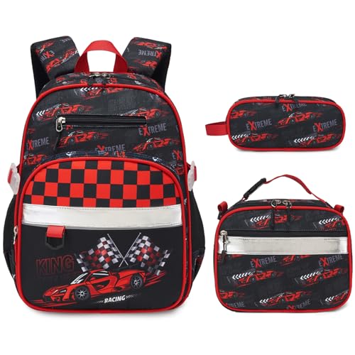 3PCS Boys Backpack Ages 5-8 with Lunch Bag & Pencil Case, Toddler School Backpack for Kids Boys - 15inch Backpack Boy Bookbag for Preschool Kindergarten Elementary School - color: Racing Cars