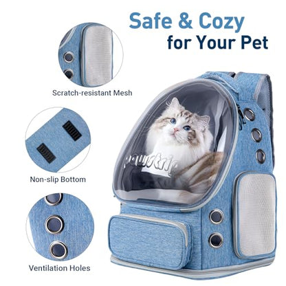 Cat Backpack Carrier with Large Space Bubble Window, Airline Approved Breathable Pet Carrier for Small Dogs Cats up to 15lbs, Foldable for Travel Hiking & Outdoor Use - color: Blue