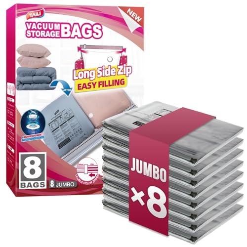 TAILI 8 Pack Vacuum Storage Bags, Jumbo Size 39x28 inch, LONG SIDE ZIP Vacuum Seal Bags for Beddings, Extra Large Storage Space Saver for Clothing, Comforters, Blankets, Pillows - size: 8 Jumbo