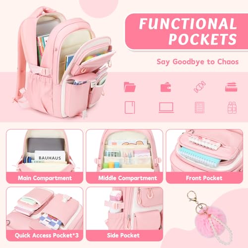 MUSEVOS Kids Backpack for Girls Aged 6-14, Kindergarten Elementary Middle School Backpack, Cute Bookbag Multi-Compartment, Water-resistant - color: Pink-white