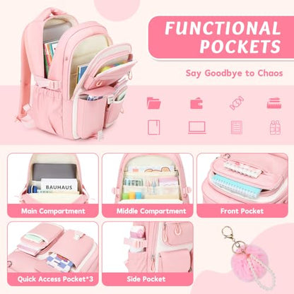 MUSEVOS Kids Backpack for Girls Aged 6-14, Kindergarten Elementary Middle School Backpack, Cute Bookbag Multi-Compartment, Water-resistant - color: Pink-white