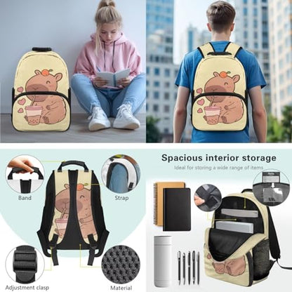 JEOCODY Capybara Backpack for School Girls Bookbag with Luncb Box Pencil Case and Water Bottle Holder Set of 4 Boys School Supplies Daypack for Travel Hiking Picnic - color: Cute Capybara Printedd