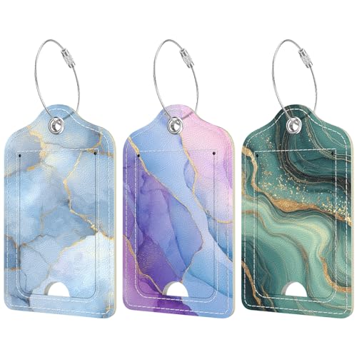 Rimilak 3 Pcs PU Leather Luggage Tags for Suitcase, Travel Cruise Luggage Tag with Privacy Flap, Name ID Label and Metal Loop for Women Men Baggage Handbag School Bag Backpack, Teal Purple Marble - color: Teal Purple Marble